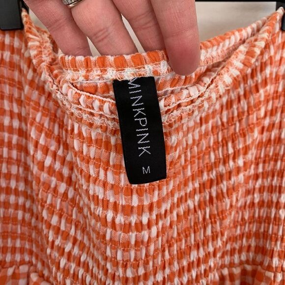 MINKPINK orange gingham picnic smocked strapless wide leg jumpsuit - Picture 2 of 11